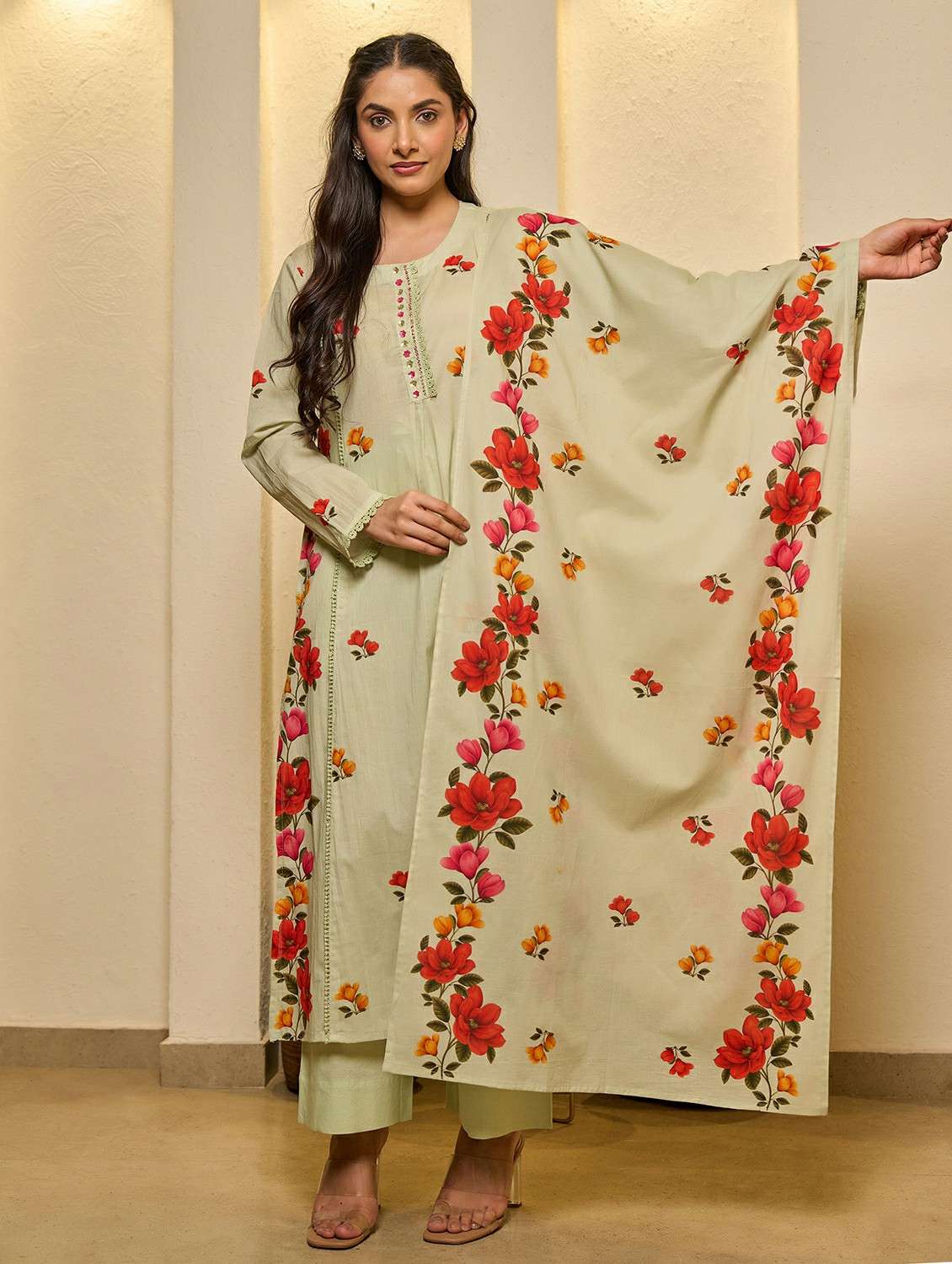 women floral long sleeve kurta pant with dupatta set