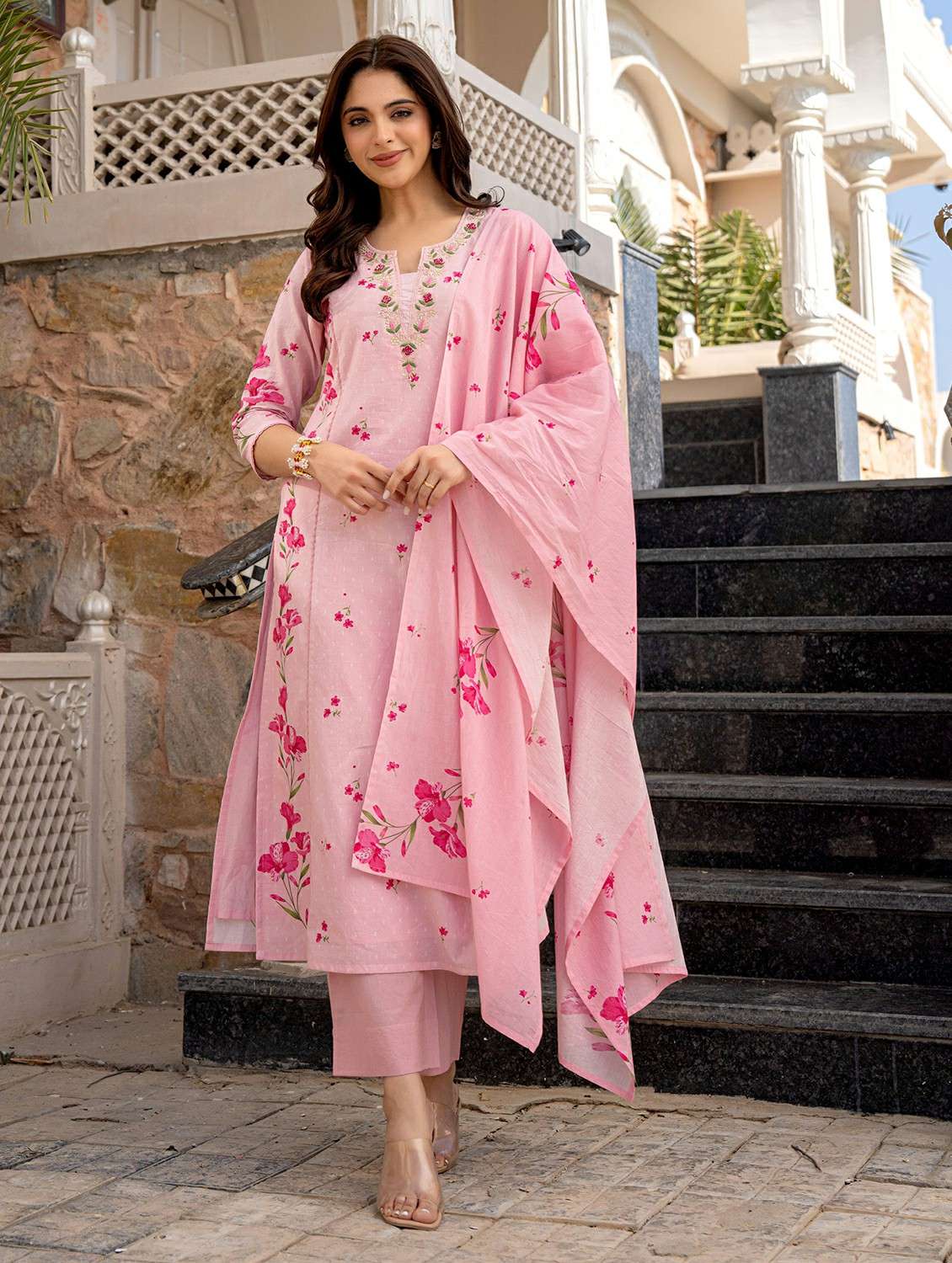 women embroidered three quarter sleeve kurta pant with dupatta set