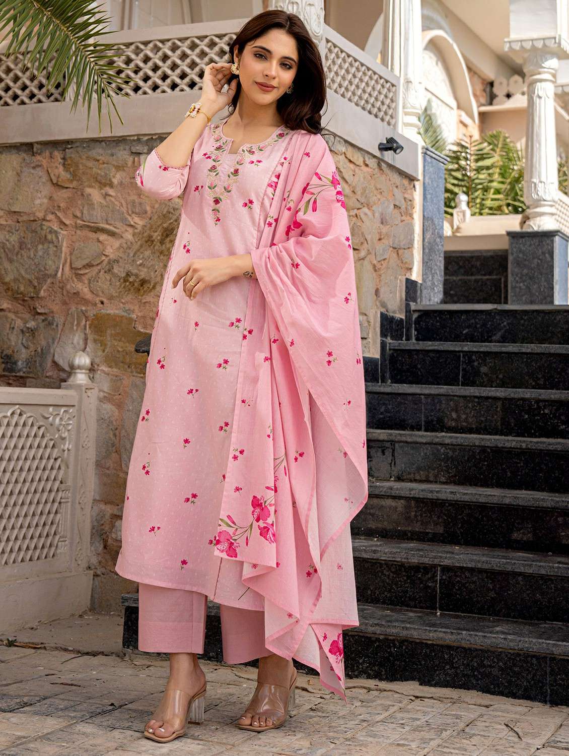 women embroidered three quarter sleeve kurta pant with dupatta set - 22178527 -  Standard Image - 3