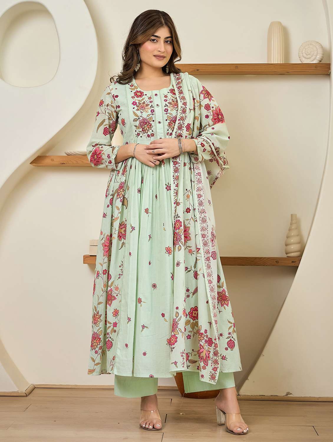 women floral long sleeve kurta pant with dupatta set