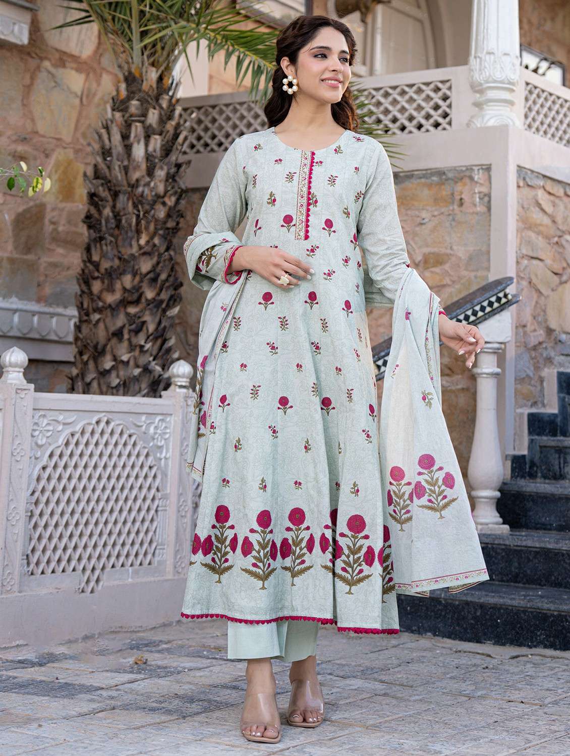 women embroidered long sleeve kurta pant with dupatta set