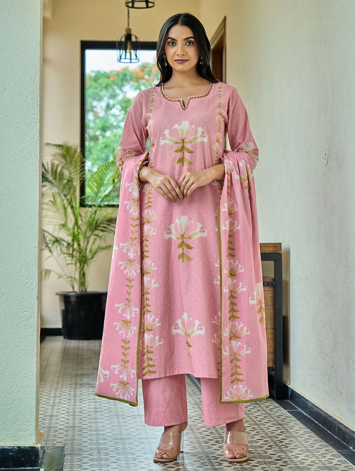 women floral three quarter sleeve kurta pant with dupatta set