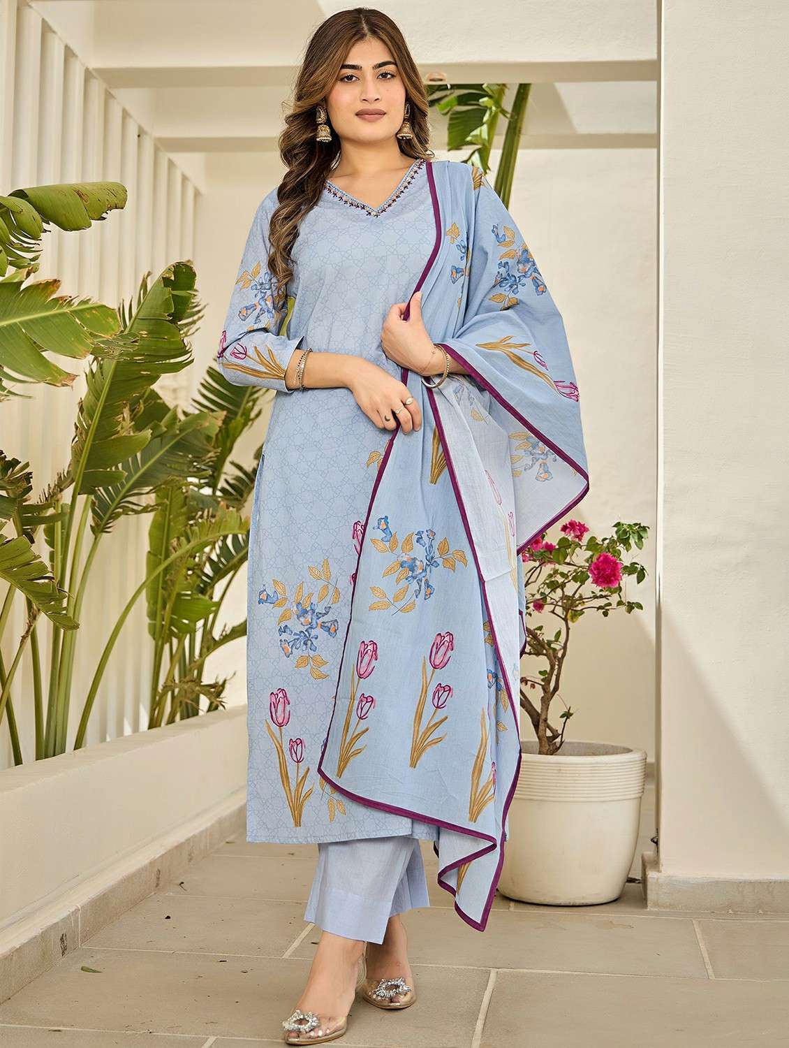 women embroidered three quarter sleeve kurta pant with dupatta set - 22178545 -  Standard Image - 3
