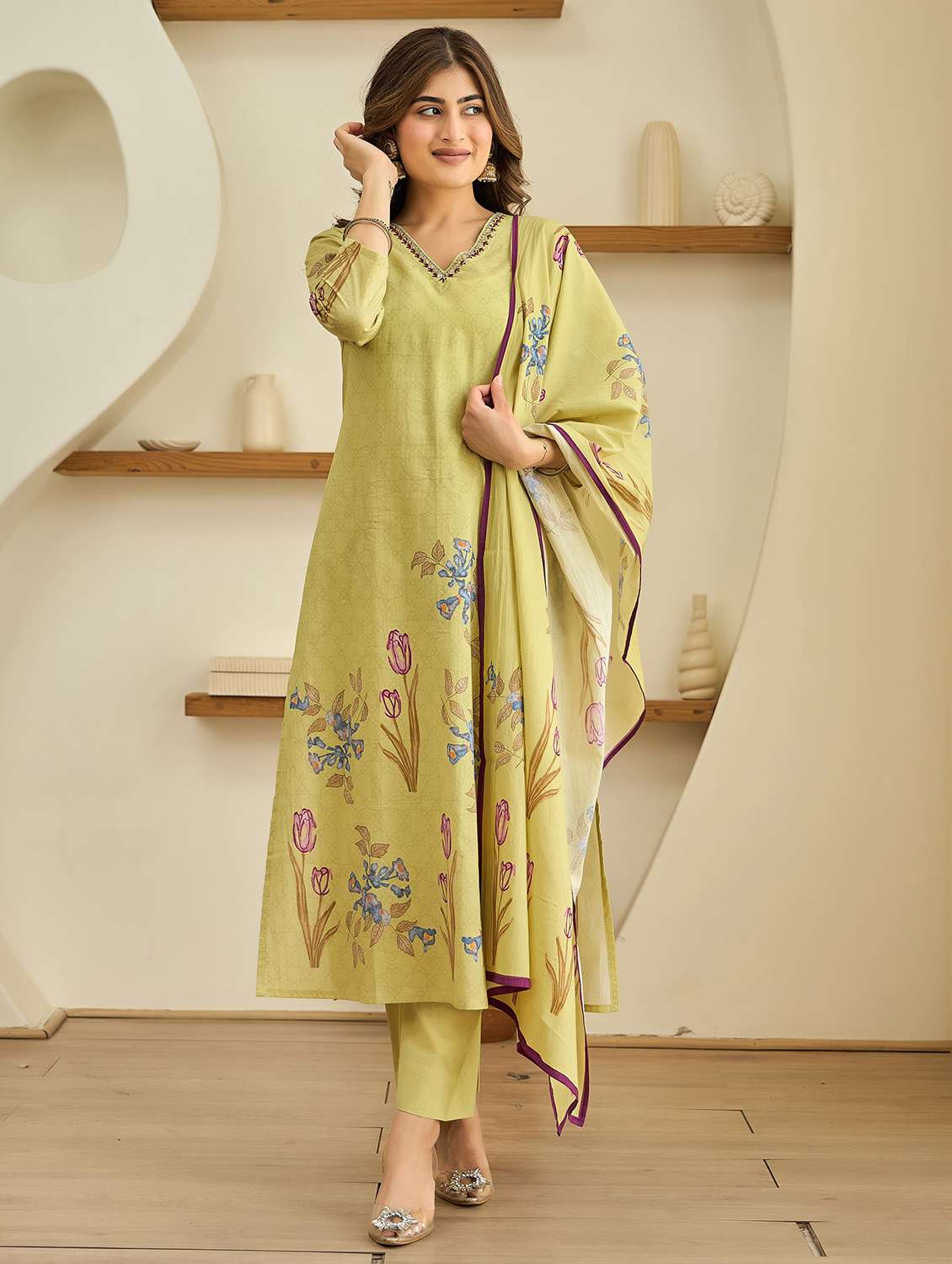 women embroidered three quarter sleeve kurta pant with dupatta set