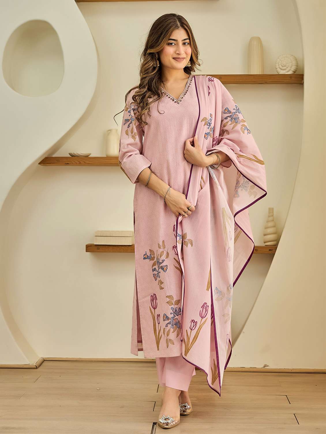 women embroidered three quarter sleeve kurta pant with dupatta set