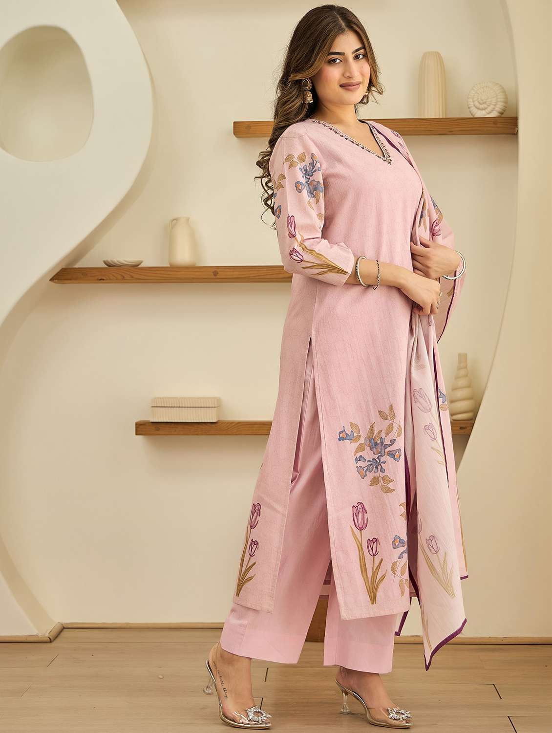 women embroidered three quarter sleeve kurta pant with dupatta set - 22178547 -  Standard Image - 3
