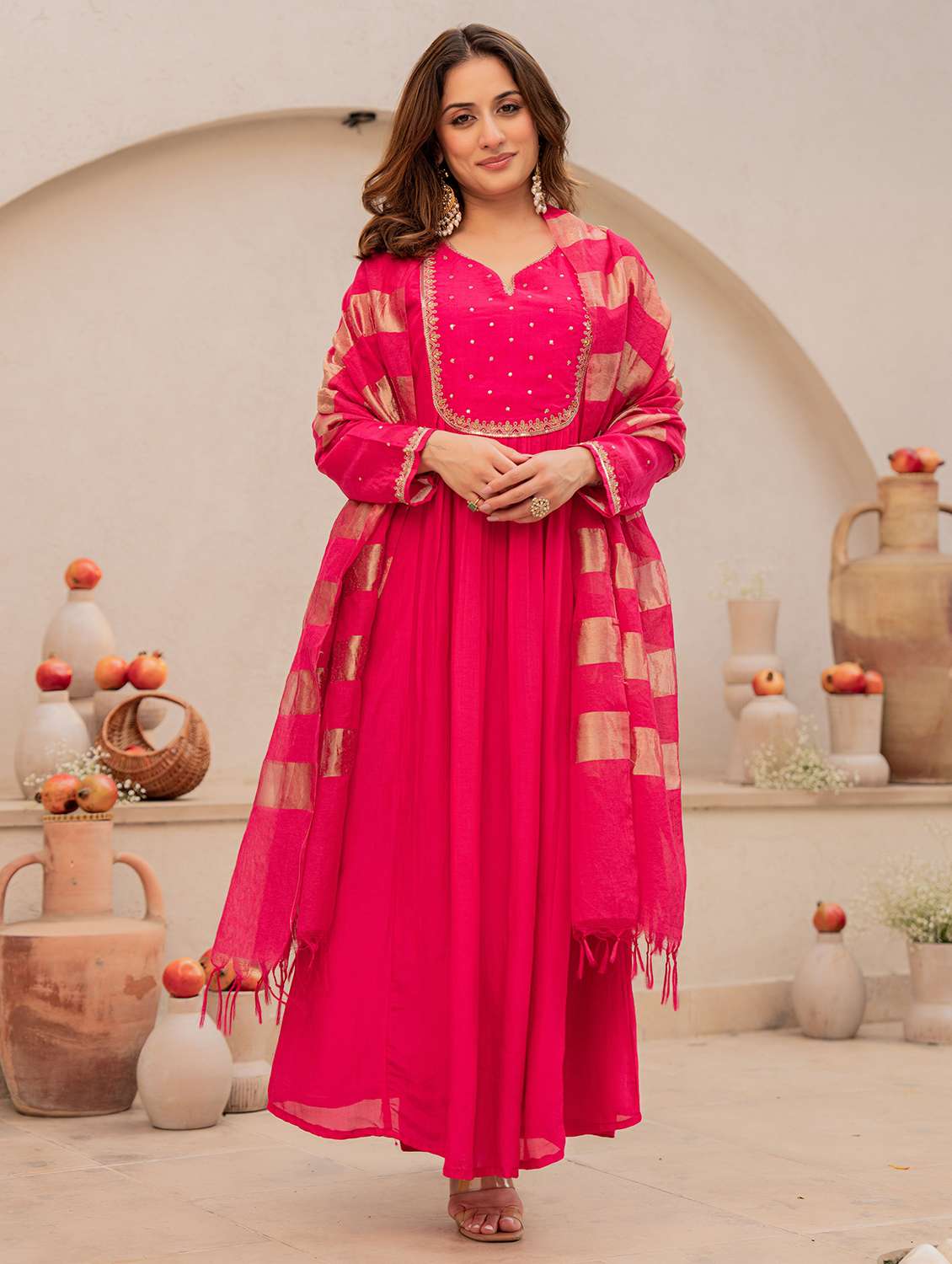 women solid with work long sleeve kurta pant with dupatta set - 22178556 -  Standard Image - 3