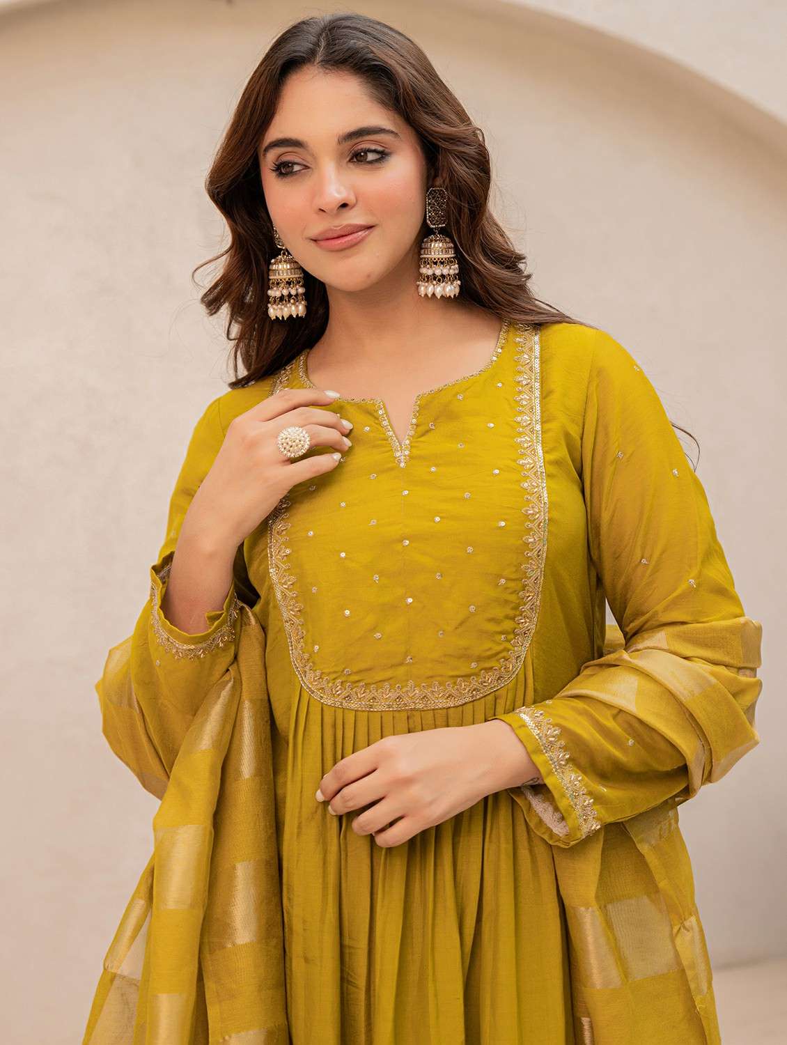 women solid with work long sleeve kurta pant with dupatta set - 22178557 -  Standard Image - 3