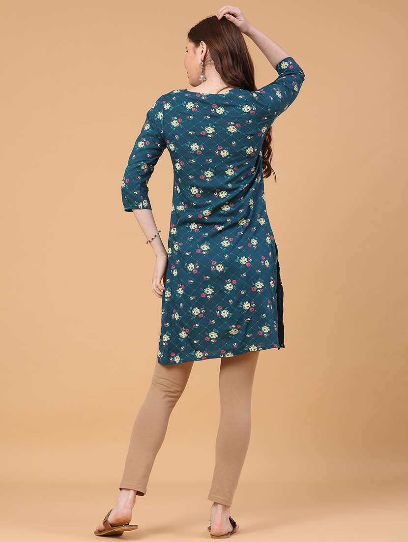 Women Floral Printed Three Quarter Sleeve Straight Kurta - 22178637 -  Standard Image - 5