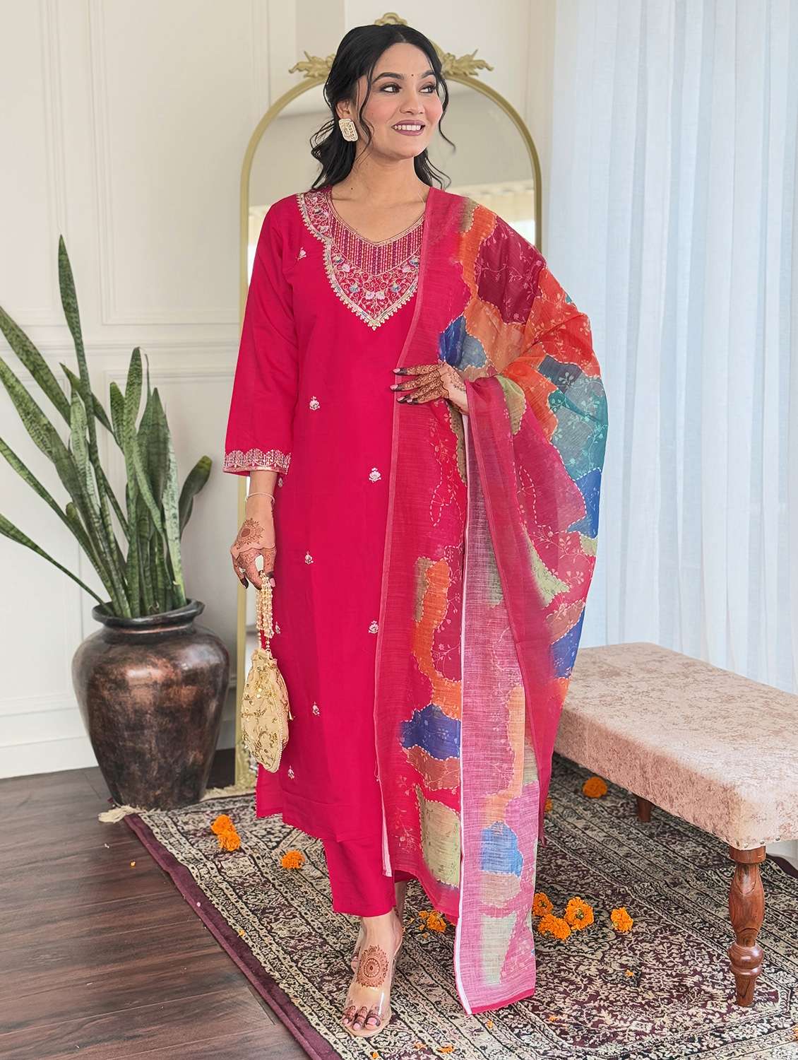 women three quarter sleeve kurta and pant with dupatta  - 22178917 -  Standard Image - 3