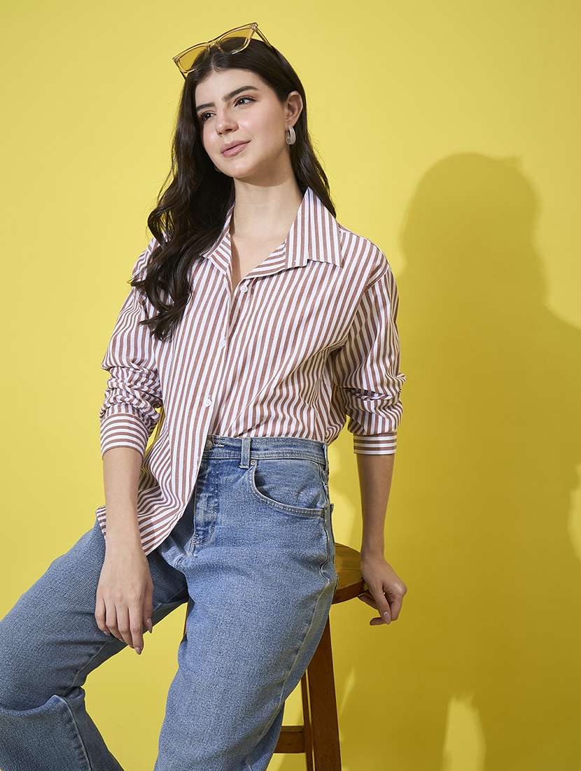 women striped collared long sleeve shirt