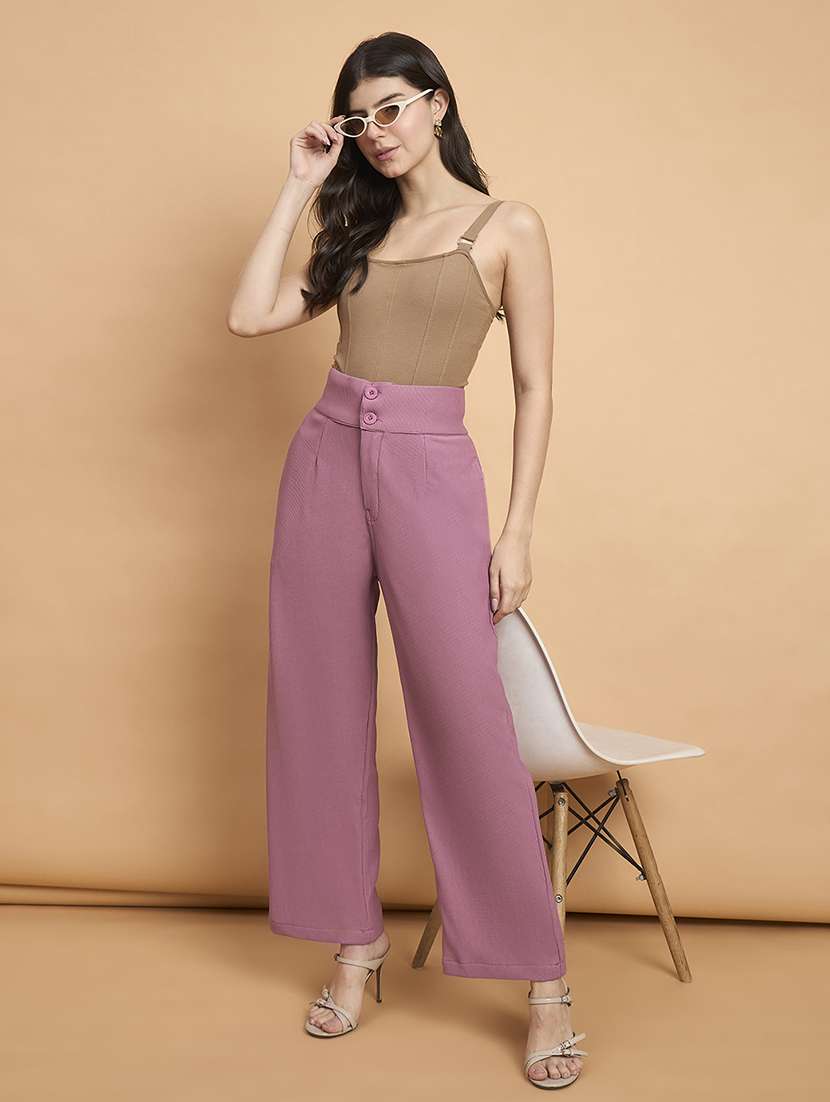 women solid high rise wide leg trouser - 22178965 -  Standard Image - 3