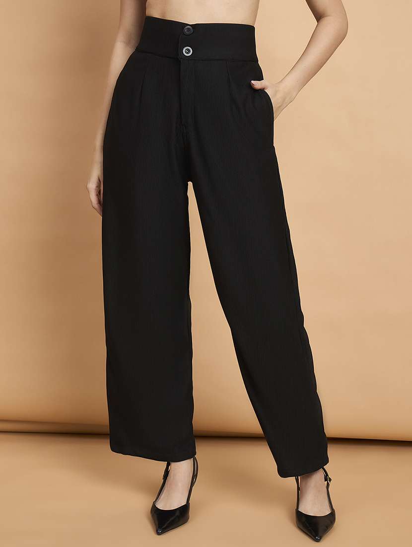 women solid high rise wide leg trouser