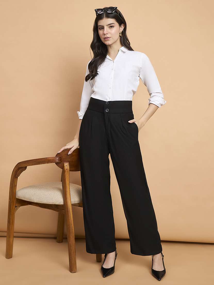 women solid high rise wide leg trouser - 22178966 -  Standard Image - 3