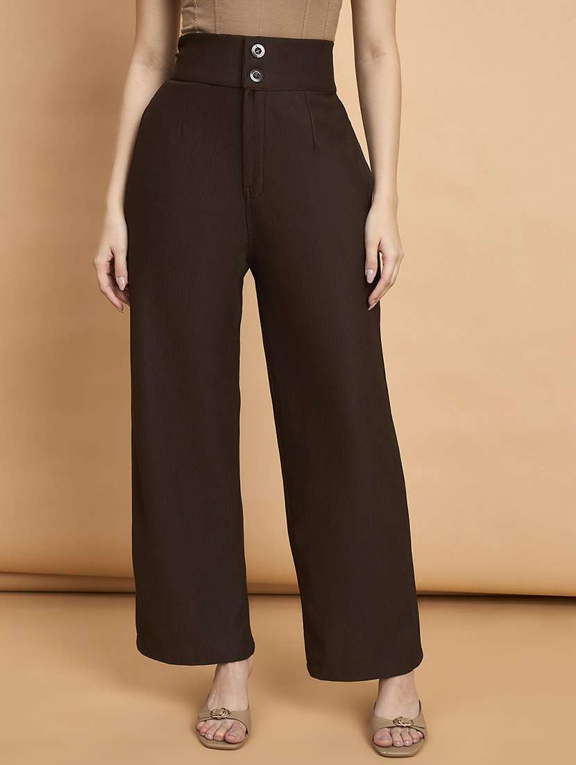 women solid high rise wide leg trouser