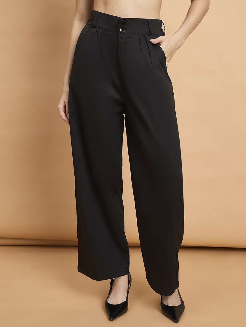 women solid high rise wide leg trouser