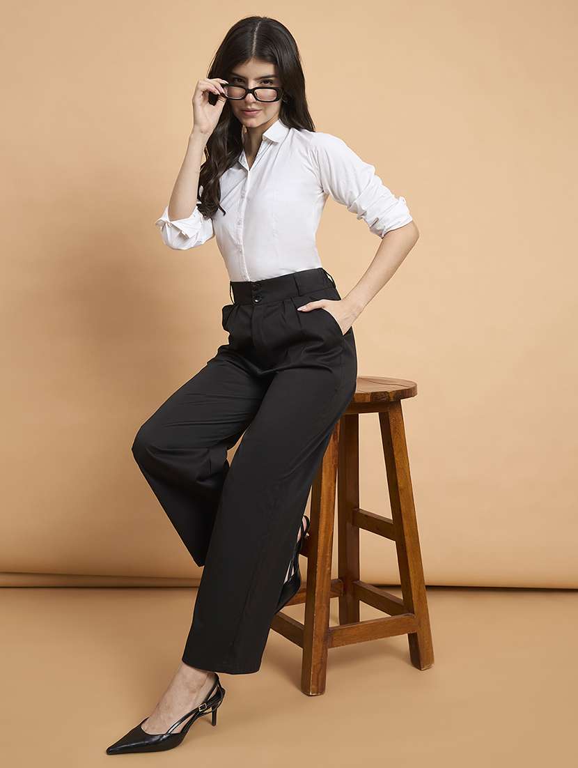 women solid high rise wide leg trouser - 22178968 -  Standard Image - 3