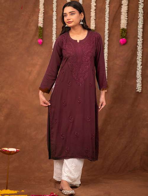 women solid with work long sleeve chikankari straight kurta - 22178978 -  Standard Image - 0