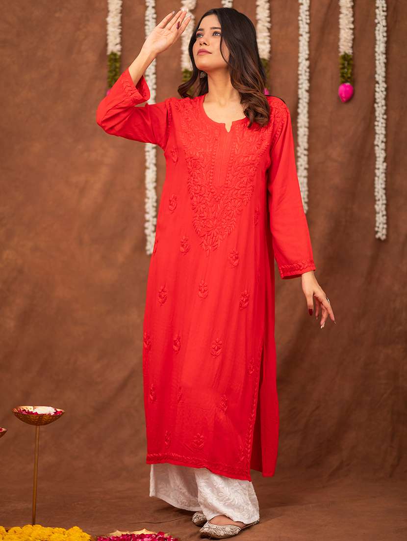 women solid with work long sleeve chikankari straight kurta