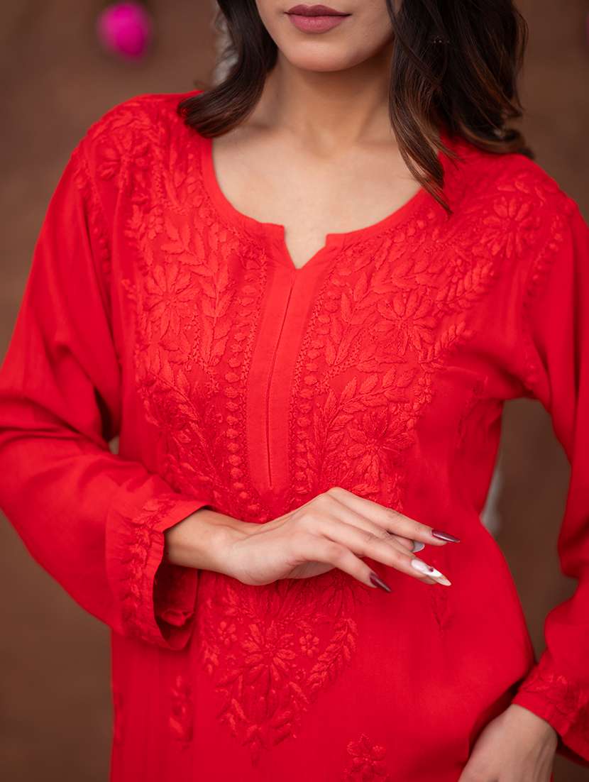 women solid with work long sleeve chikankari straight kurta - 22178979 -  Standard Image - 3