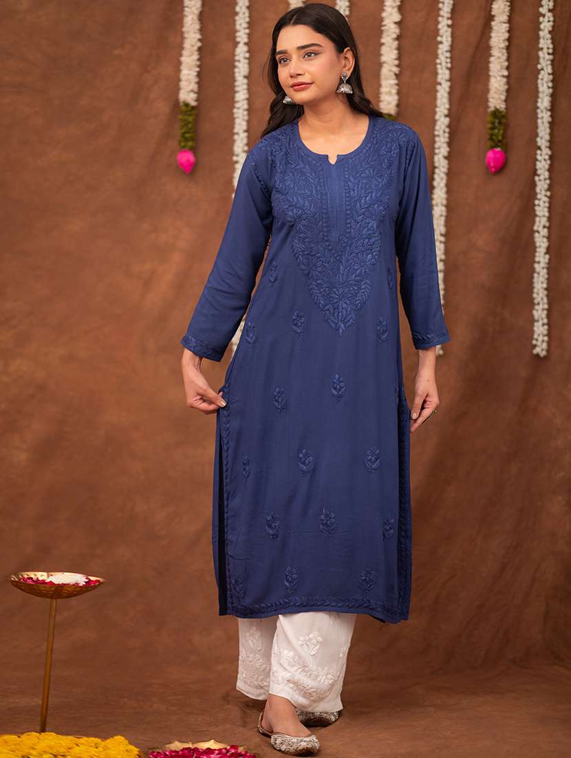 women solid with work long sleeve chikankari straight kurta