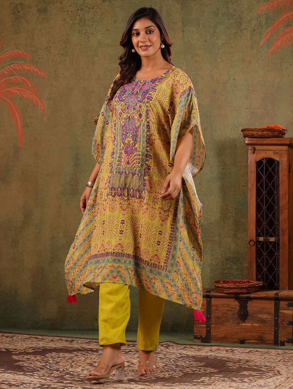 women printed kimono sleeve kaftan kurta with pant set - 22179004 -  Standard Image - 3