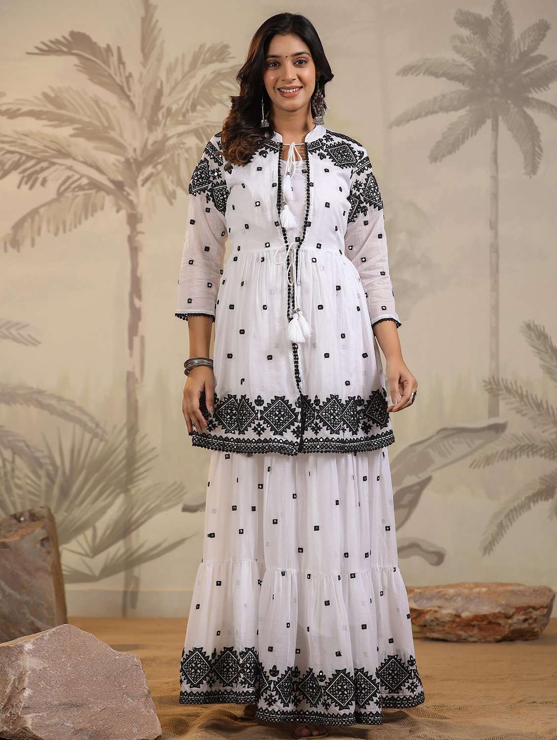 women solid with work three quarter sleeve tiered ethnic dress