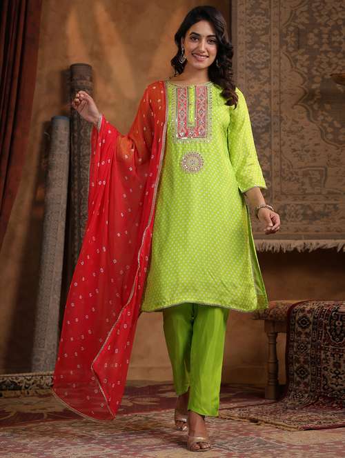 women bandhani three quarter sleeve kurta pant with dupatta set - 22179007 -  Standard Image - 0