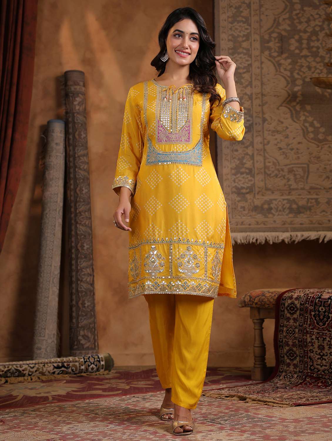 women bandhani three quarter sleeve kurta pant with dupatta set - 22179008 -  Standard Image - 3