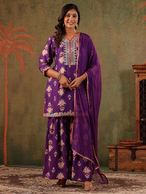 women floral three quarter sleeve kurta sharara with dupatta set - 22179009 -  Standard Image - 0