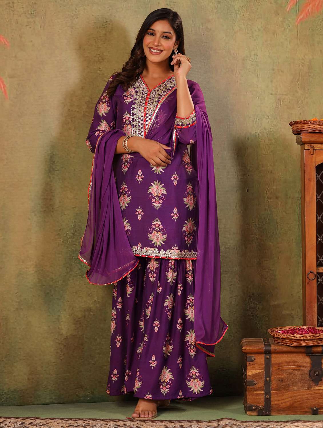 women floral three quarter sleeve kurta sharara with dupatta set - 22179009 -  Standard Image - 3