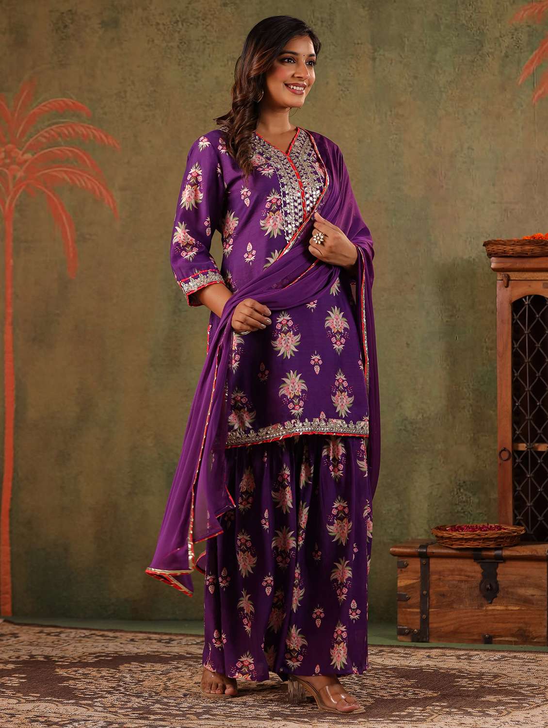 women floral three quarter sleeve kurta sharara with dupatta set - 22179009 -  Standard Image - 5