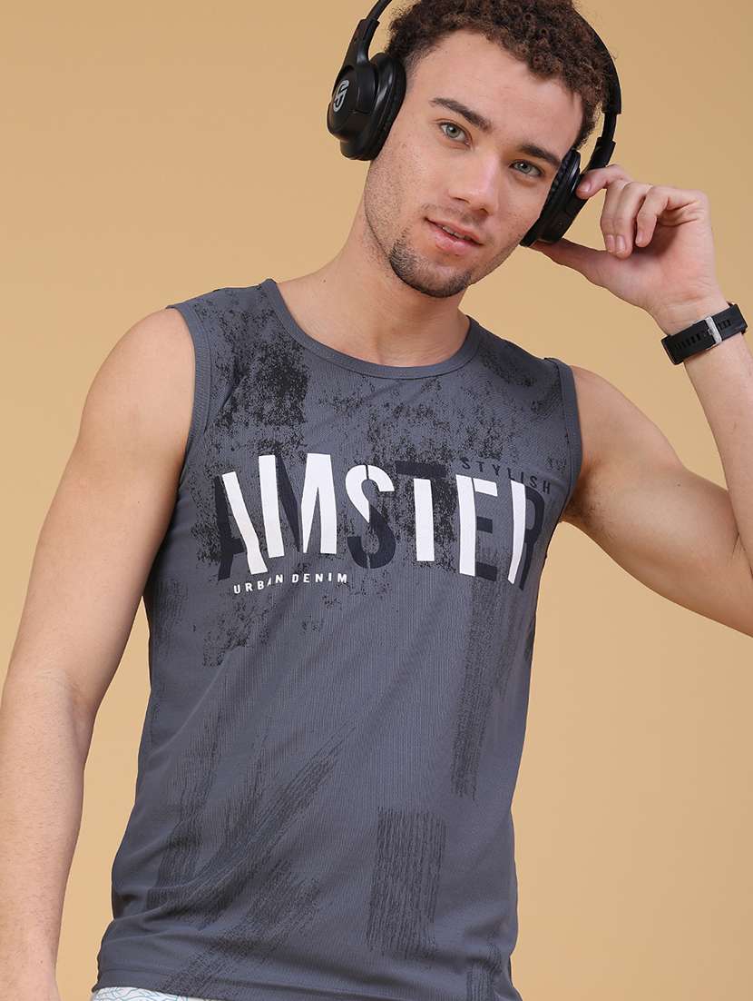 men printed round neck vest