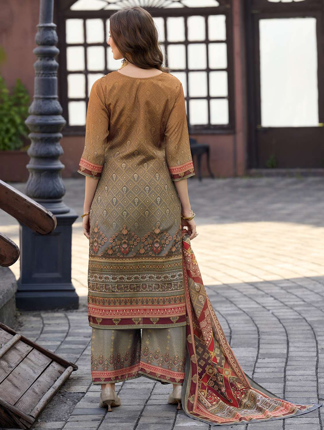 women printed three quarter sleeve kurta palazzo with dupatta set - 22179942 -  Standard Image - 3