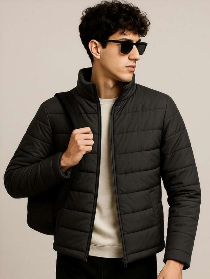 men solid long sleeve quilted jacket