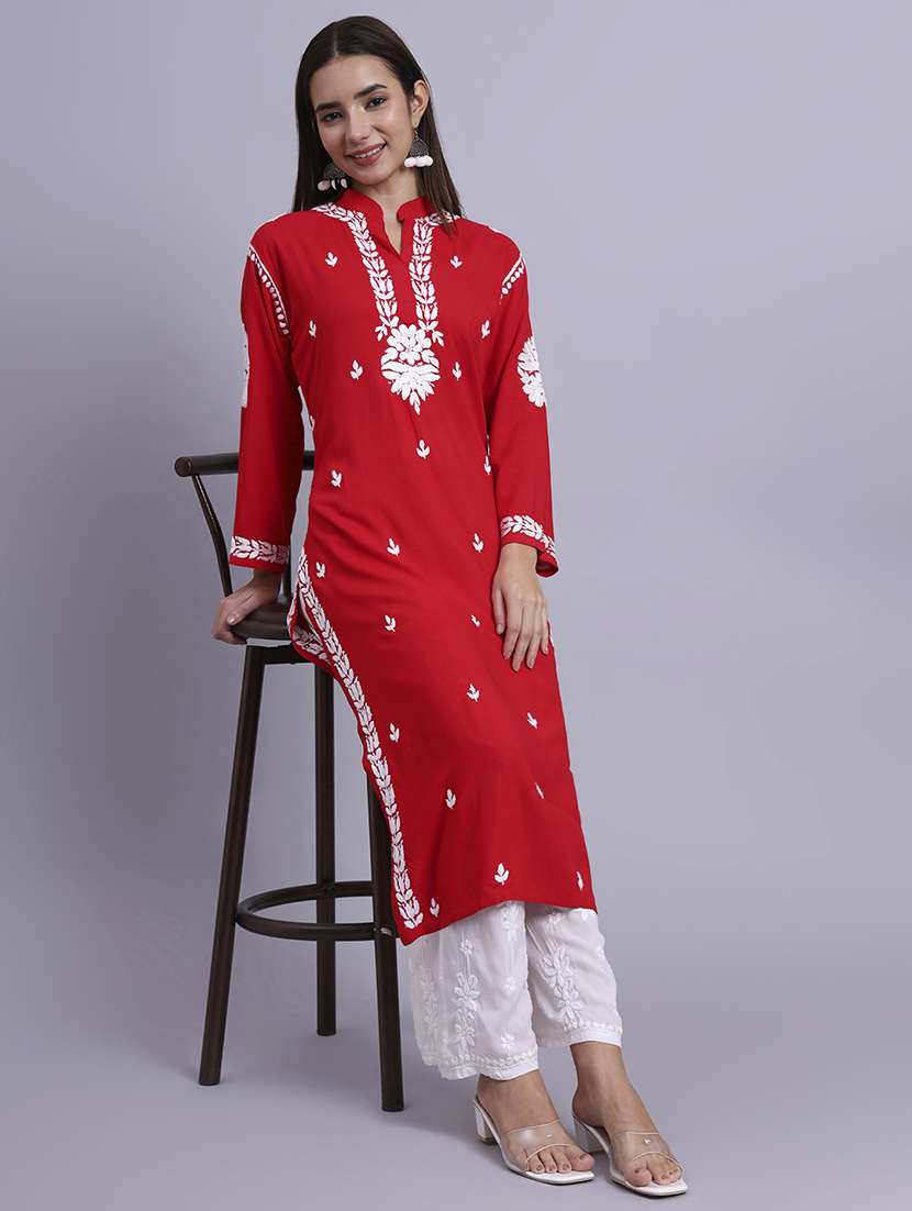 women solid with work long chikankari straight kurta - 22179988 -  Zoom Image - 0