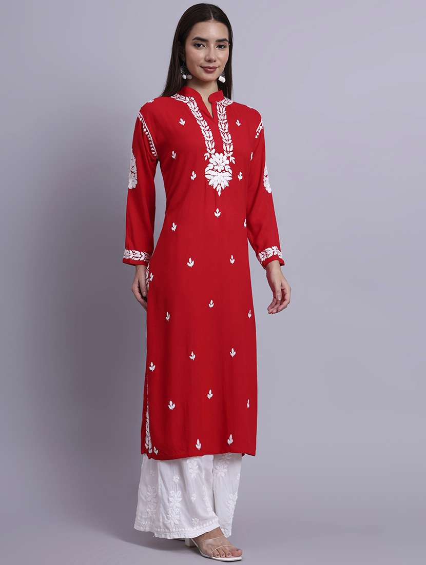 women solid with work long chikankari straight kurta - 22179988 -  Standard Image - 3