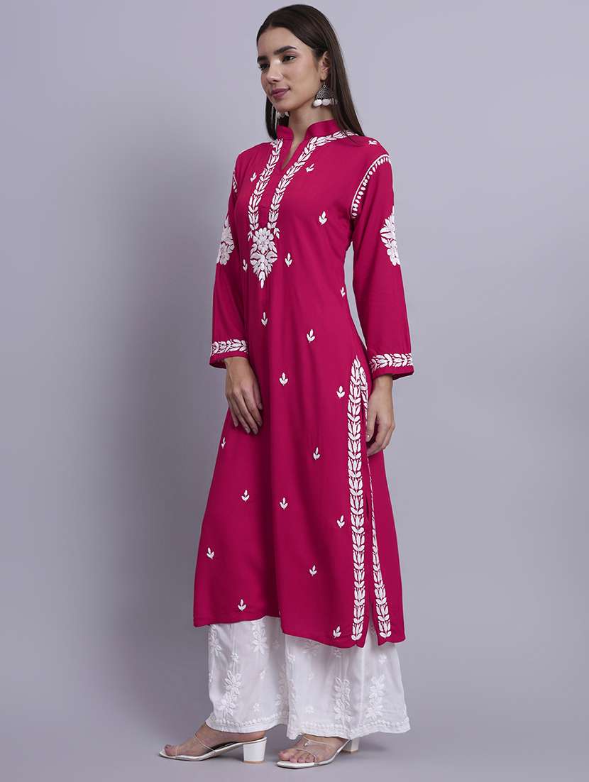 women solid with work long chikankari straight kurta - 22179989 -  Standard Image - 3