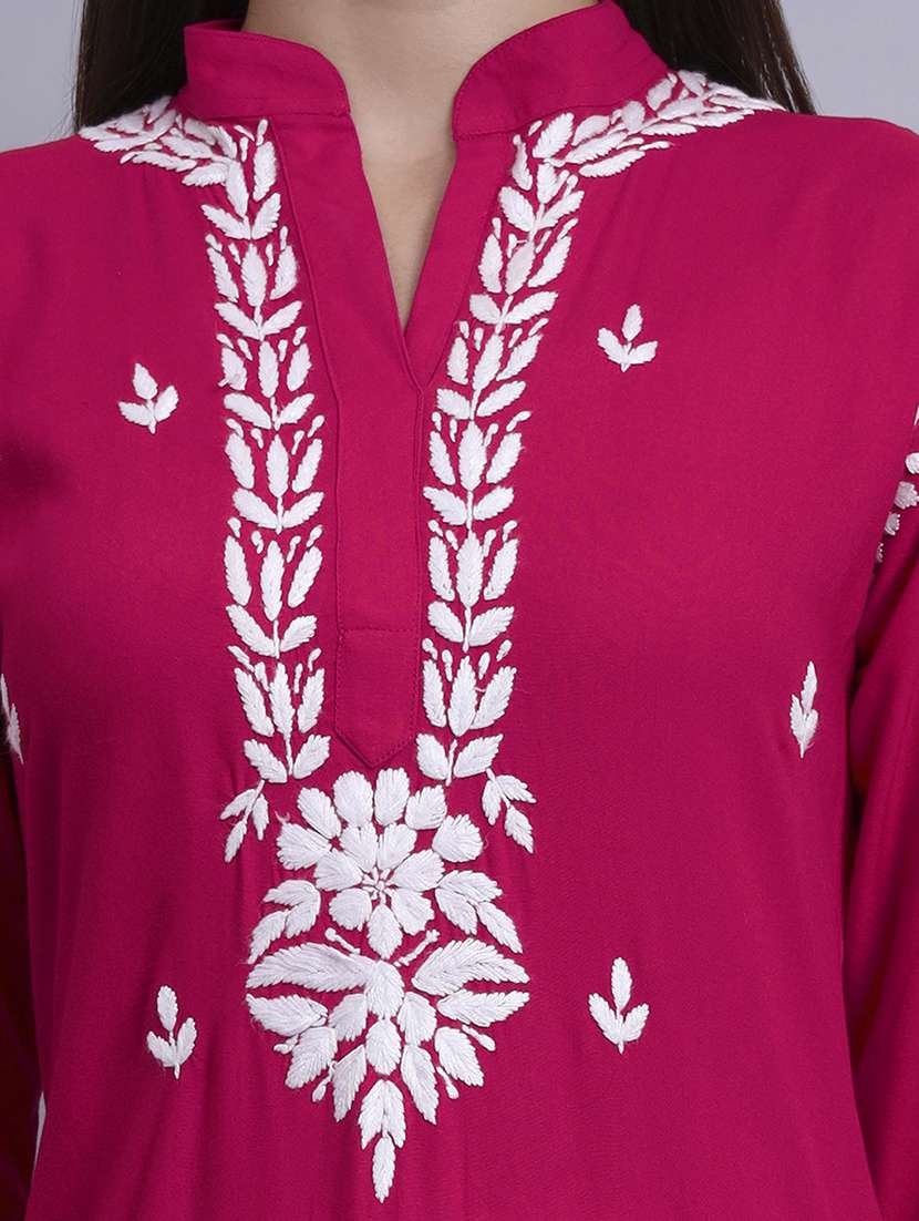 women solid with work long chikankari straight kurta - 22179989 -  Standard Image - 5