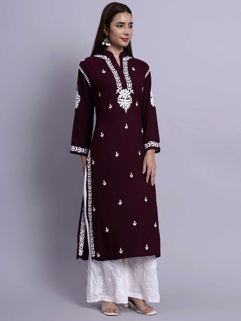 women solid with work long chikankari straight kurta - 22179990 -  Standard Image - 3