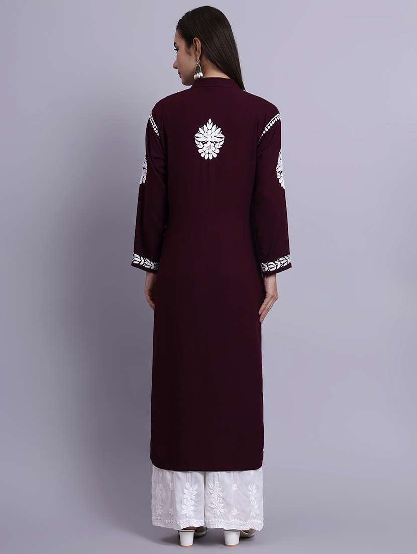 women solid with work long chikankari straight kurta - 22179990 -  Standard Image - 5