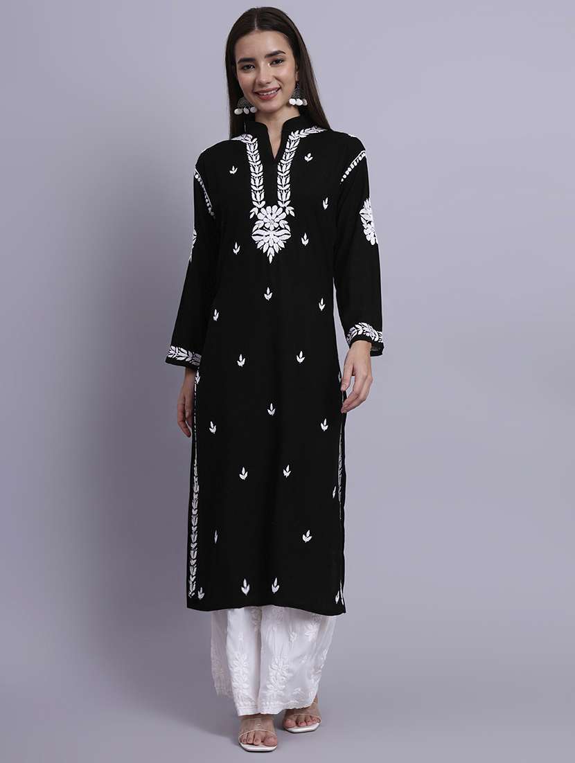 women solid with work long sleeve chikankari straight kurta