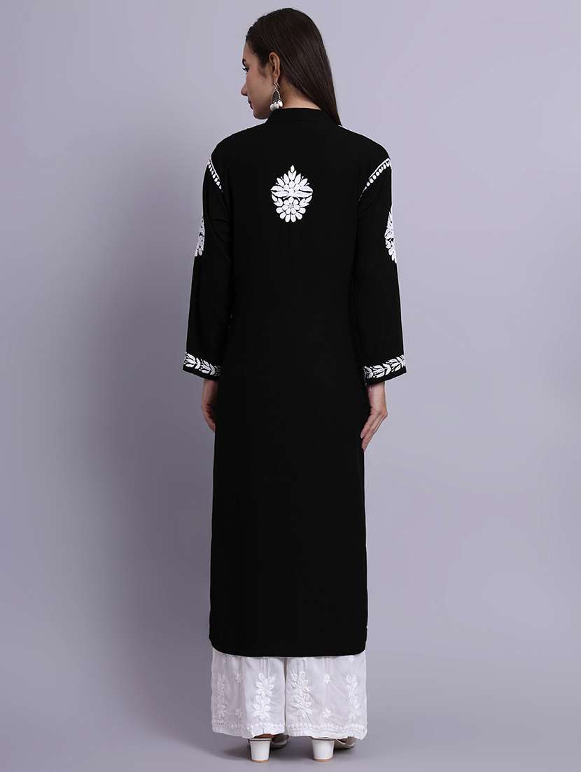 women solid with work long sleeve chikankari straight kurta - 22179992 -  Standard Image - 3