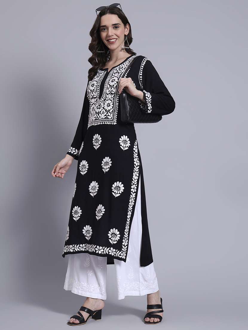 women solid with work long sleeve chikankari straight kurta