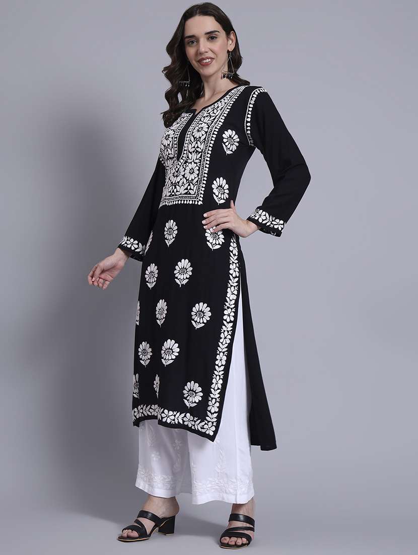 women solid with work long sleeve chikankari straight kurta - 22179993 -  Standard Image - 3