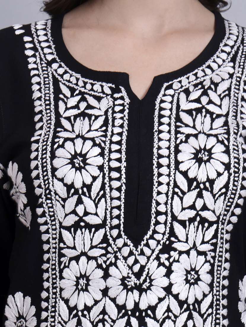 women solid with work long sleeve chikankari straight kurta - 22179993 -  Standard Image - 5