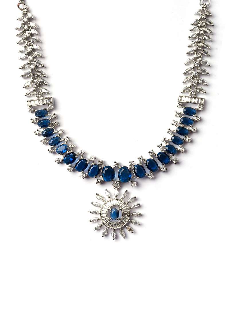 silver plated american diamond studded dual blue necklace set - 22180014 -  Standard Image - 3