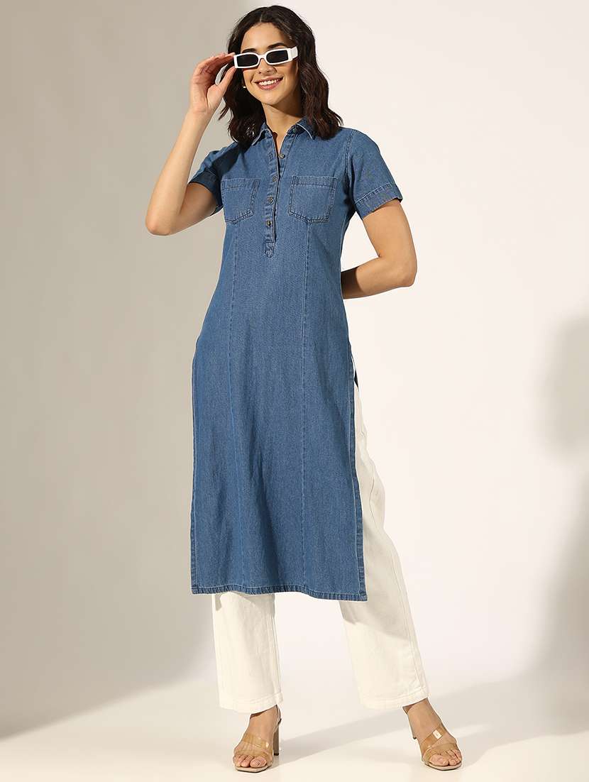 women solid short sleeve straight kurta - 22180024 -  Standard Image - 3