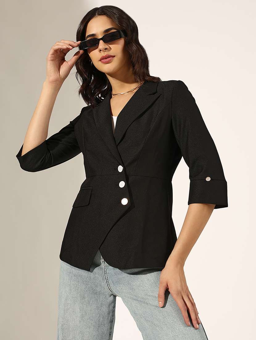 women solid three quarter sleeve double breasted blazer
