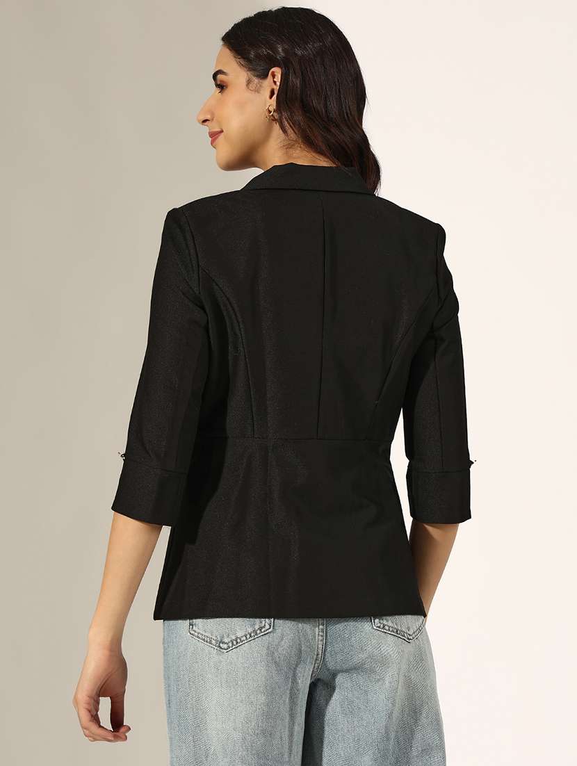 women solid three quarter sleeve double breasted blazer - 22180027 -  Standard Image - 3
